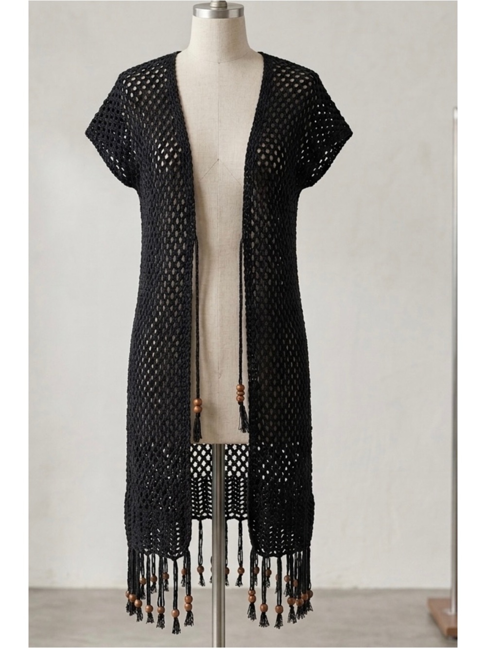 Artesia Black Crochet Fringe Duster Vest Medium Boho Beaded